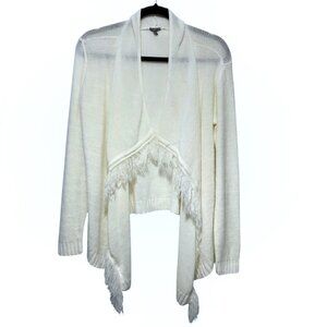 Charlotte Russe Solid Off-White Open-Front Fringe Knit Cardigan Medium